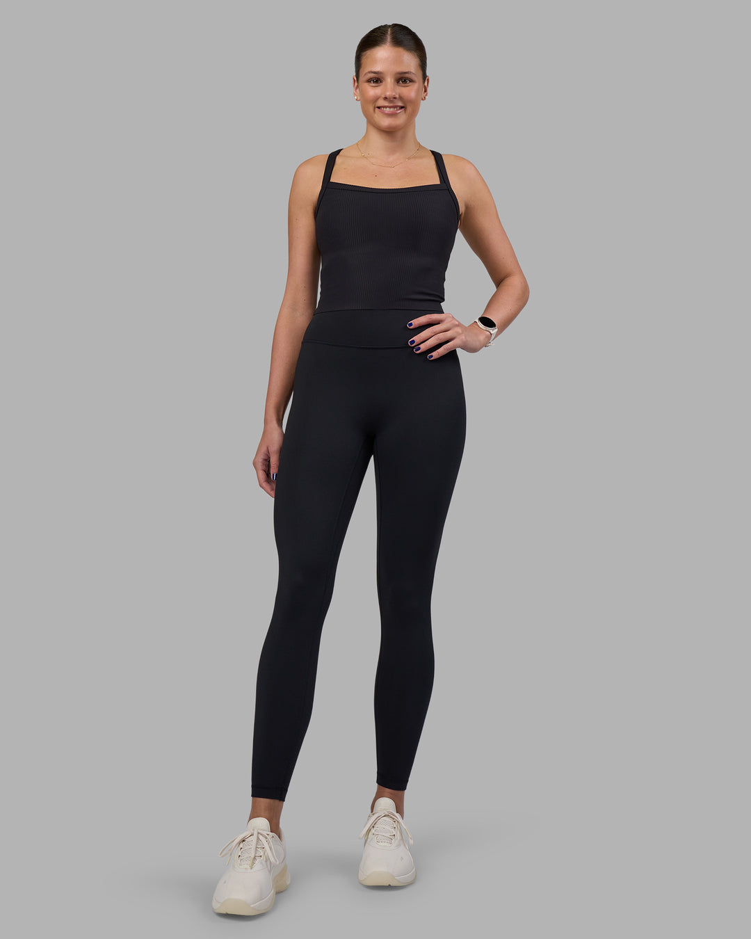 Woman wearing Flame Ribbed Tank - Black Model:Phoebe | Size:S