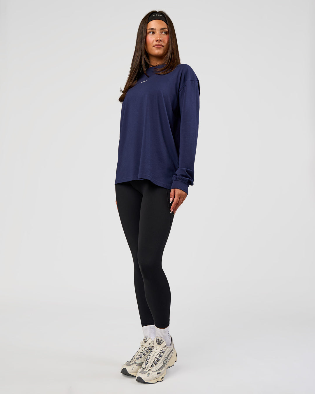 Woman wearing Go-To Long Sleeve FLXCotton Oversized Tee - Future Navy-White | Model:Bianca | Size:S